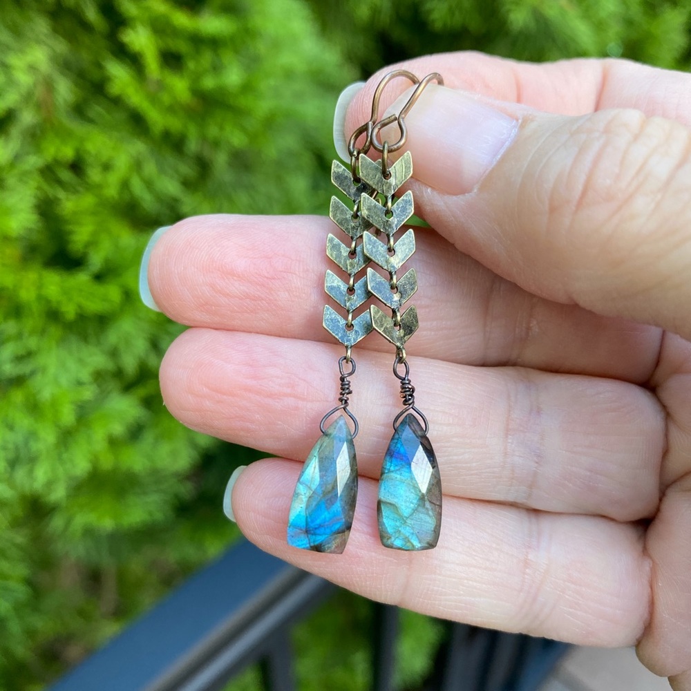 Labradorite & Brass Chevron Earrings